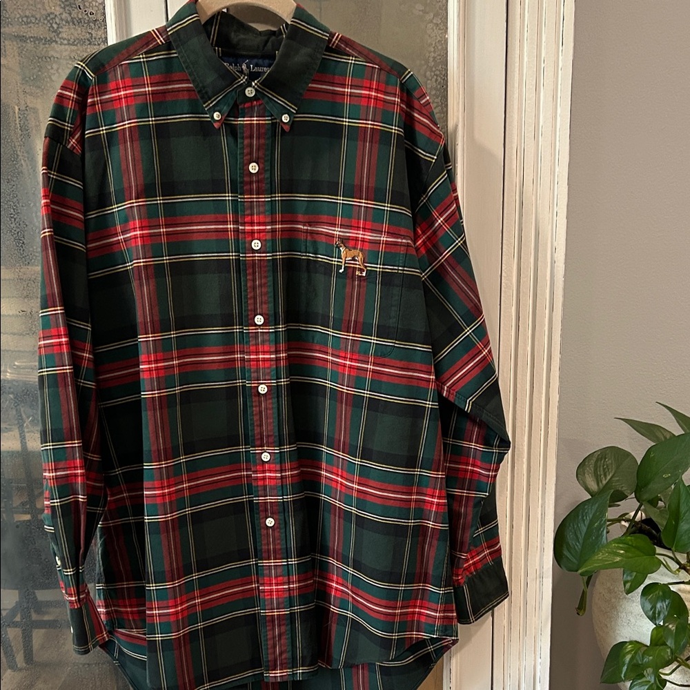 Ralph Lauren Men’s Green and Red Plaid Button-Down Shirt - Picture 2 of 4